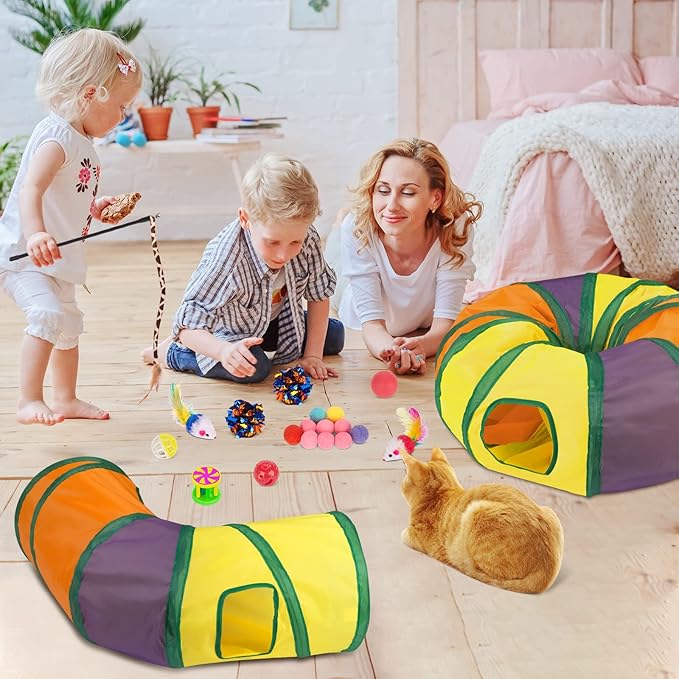 Retro Shaw Cat Toys Kitten Toys, Cat Tunnels Toy for Indoor Cats Kitty, Interactive Cat Tube Tent Feather Wand Teaser Bell Fuzzy Ball Springs Mouse (33 Pcs Large Cat Tunnel Toys Set)
