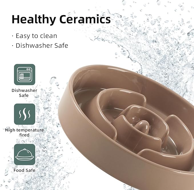 7.3inch Ceramic Slow Feeder Dog Bowl for Medium and Large Breed, Puzzle Dog Food Dish, Anti-Gulping, Pet Slow Feeder, Stop Bloat, Preventing Choking (Single Bowl-Brown Coffee)