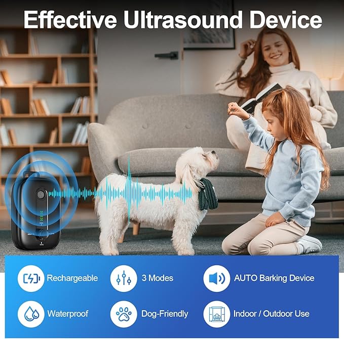 Anti Barking Device for Dogs, Rechargeable Ultrasonic Dog Barking Control Devices with 3 Modes, 33 FT Barking Silencer Sonic Barking Deterrent Indoor/Outdoor Safe for Dog & People B