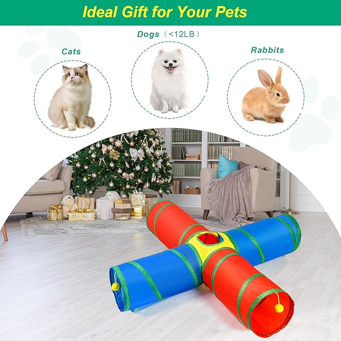 Cat Tunnel 4 Way Collapsible, Cat Toys Interactive Tunnels for Indoor Cats, 12 PCS Cats Springs Toy Kitty Kitten Toys Pack, Rabbit Tunnel Tube with Peephole, Large Rainbow Tunnels