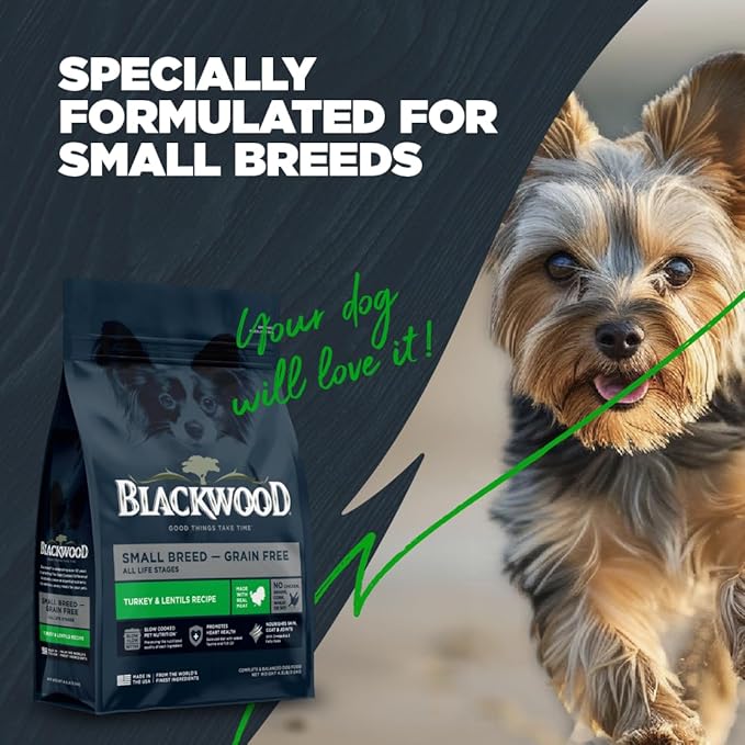 Blackwood Grain Free Small Breed Dry Dog Food, Turkey & Lentils Recipe, 4.5 Pound Bag for All Life Stages, Slow Cooked with Taurine and Fish Oil to Promote Heart Health