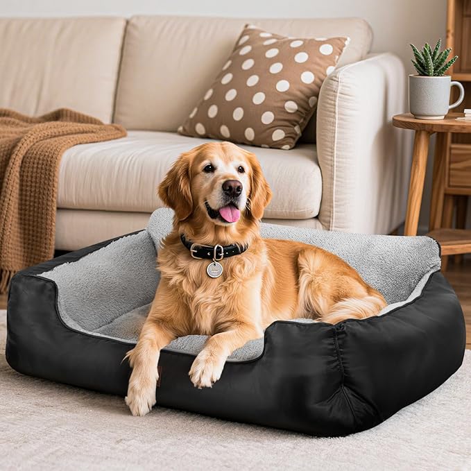 Dog Beds for Extra Large Dogs, Orthopedic Washable Pet Bed with Sides, Big Dog Couch Sofa with Non-Slip Bottom, 43”x35”x9”, Black