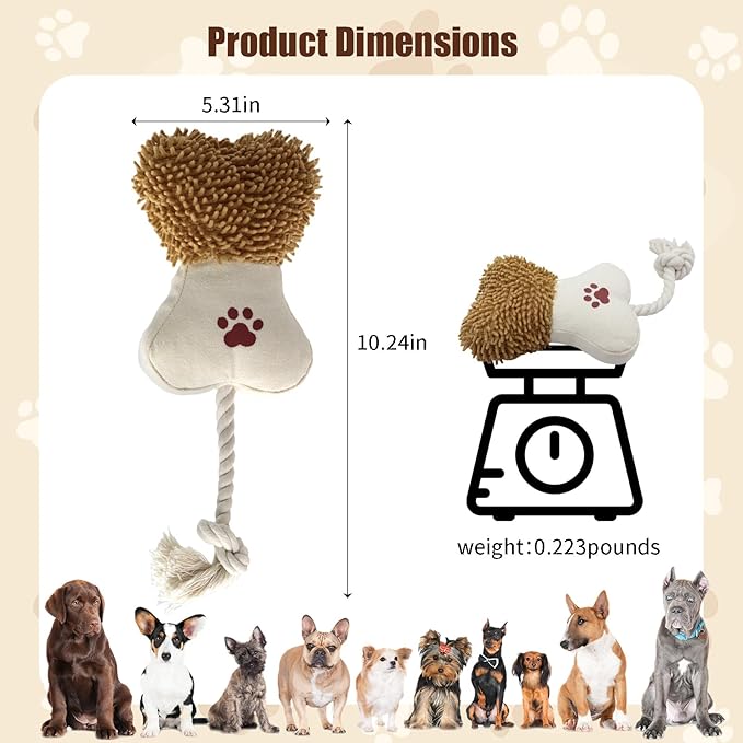 Bone Squeaky Plush Dog Toy with Rope – Durable Crinkle Chew Toy for Small and Medium Dogs, Interactive Indoor Dog Toy for Boredom and Teeth Cleaning