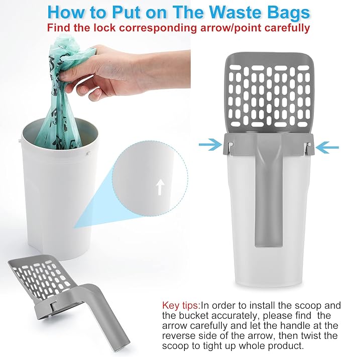 Cat Litter Scooper with Holder, Cat Litter Shovel with Waste Can and Refill 135 Bags(9 Boxes of 15 Bags), Large Capacity Cat Scooper Portable Shovel