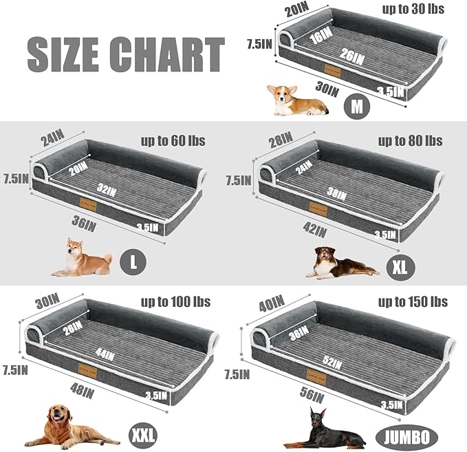 Patas Lague Orthopedic Jumbo Dog Bed Large Sized Dog 56''X40'', Waterproof Comfortable L Bolster Jumbo Non-Slip Soft Warm Pet Crate Bed Sleep Sofa mat with Removable Washable Cover, Grey