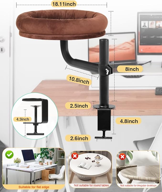 Cat Bed for Desk,Keeps Kitten Close and Workspace Clear Cat Bed,Height Adjustable and Rotatable,Drilling-Free(Unheated Brown,18.5" Lx17.5 Wx17.5 W)