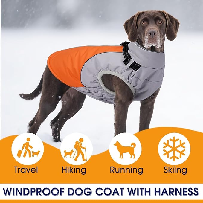 Small Dog Coat with Harness Built in,Warm Dog Jacket Water-Repellent Pet Winter Coat Snowsuit for Cold Weather,Reflective Fleece Jackets,Warm Pet Jacket with Zip,Doggy Winter Coats,Orange,S