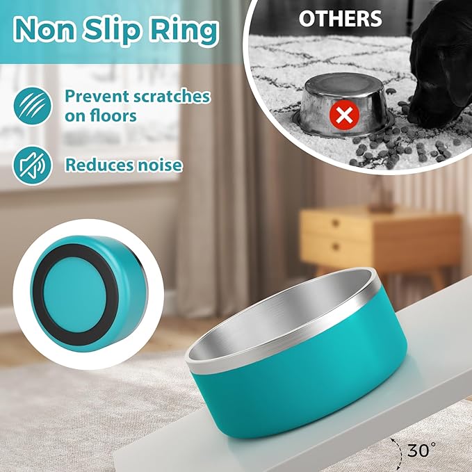 Stainless Steel Dog Bowl - Metal Water and Food Dish for Large Dogs, Insulated, Non-Slip, Easy Clean, 64oz, LakeBlue