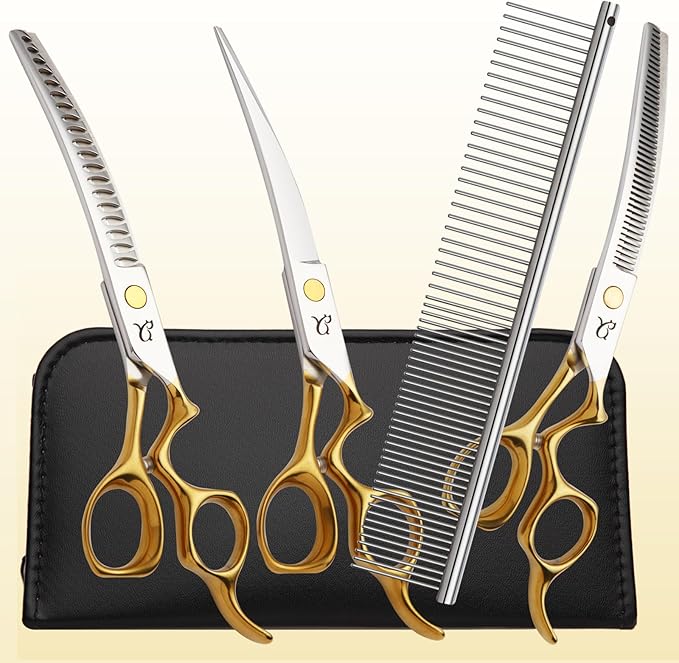 Dog Grooming Scissors,Curved Chunkers Shears Deg Grooming with Safety Round Tips, Sharp and Comfortable 4 in 1 Dog Scissers for Grooming