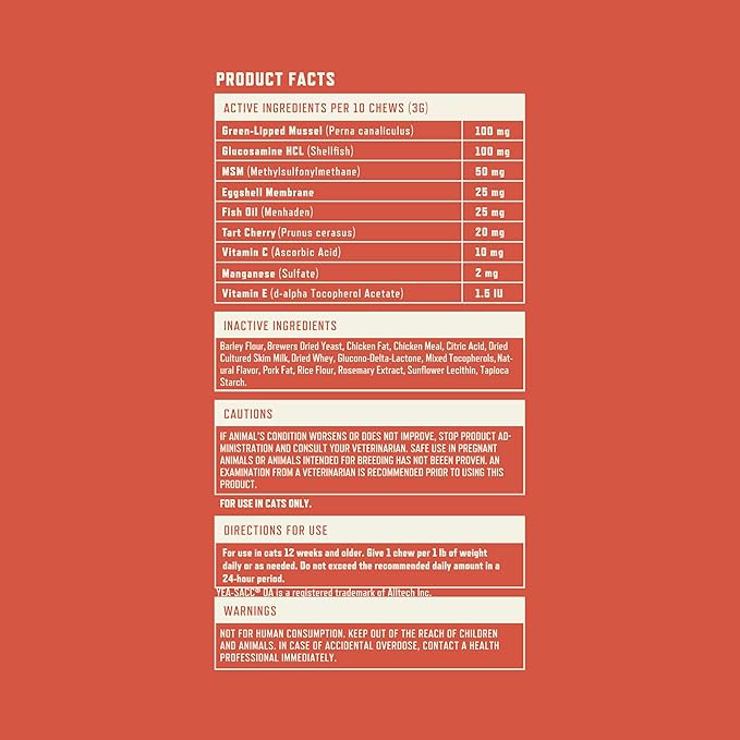 Rocco & Roxie Senior Cat Hip & Joint Supplements - Chicken Flavored Glucosamine Joint Supplement for Cats, Cat Arthritis Pain Relief, with Green Lipped Mussel, Made in USA, Over 300 Crunchy Chews