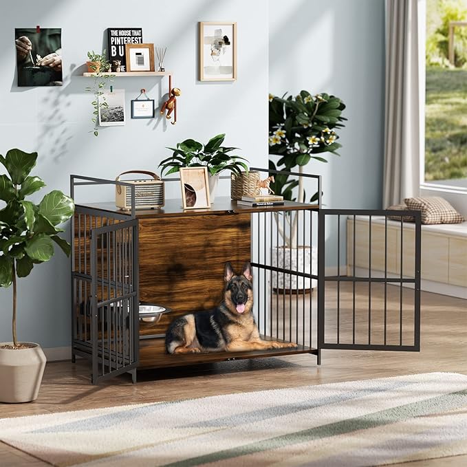 ROOMTEC Dog Crate Furniture-Style Cages for Large Dogs Indoor Heavy Duty Super Sturdy Dog Kennels with 2 Stainless Steel Bowls (48Inch = Int.dims: 46" W x 29" D x 35.5" H)