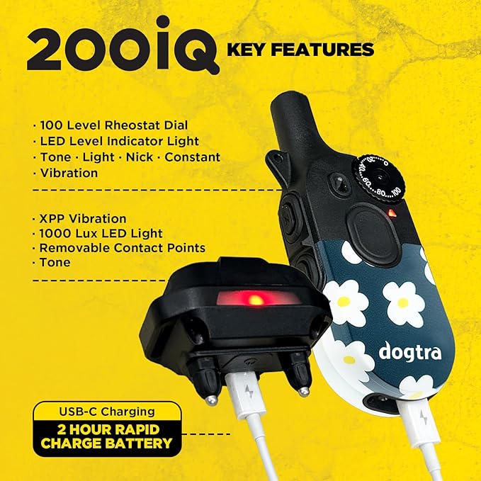 Dogtra 200iQ Remote Training E Collar – 100 Levels, Tone, Vibration, 1/2 Mile Range – Compact, Waterproof, One-Handed Control for Dogs 10 lbs+ – Lightweight Design for Daily Training – Flower Power