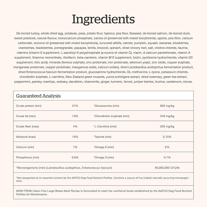 Now Fresh Grain-Free Large Breed Dry Dog Food with Turkey, Salmon & Duck, Premium Kibble for Adults Made with Real Meat & Fish, Chicken-Free, Glucosamine & Chondroitin for Healthy Joints, 12 lb Bag