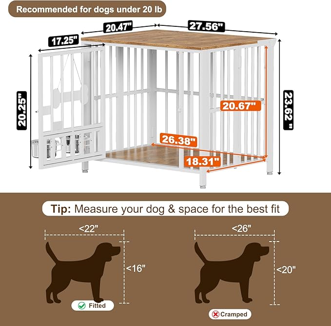Easycom 27" Dog Crate Furniture Foldable, No Assembly Decorative Dog Kennel Indoor, Dog Crates for Small Dogs (Under 20 lb), Wooden Dog Cage with Bowls and Name Tag, End Table, White & Beech