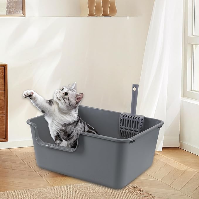 4-Pack Plastic Open Top Cat Litter Box, Cat Litter Box with High Sides, Grey