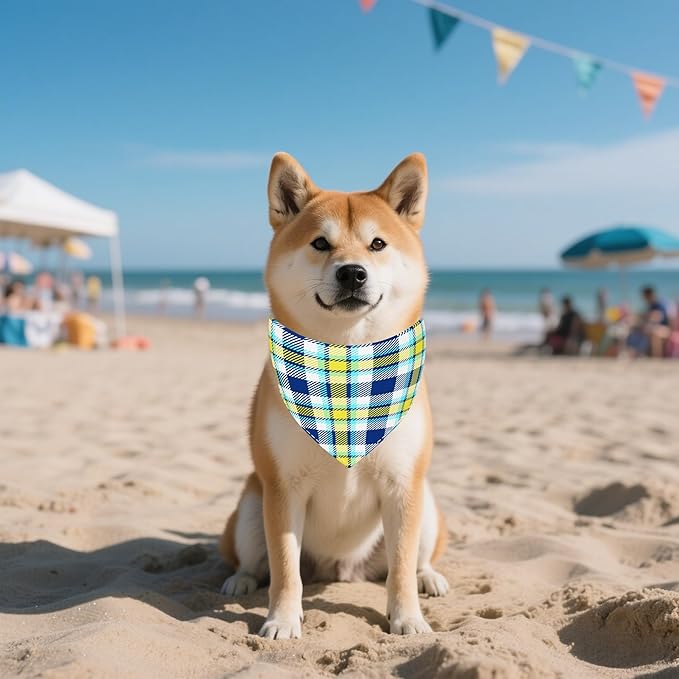 7 PCS Medium Plaid Dog Bandanas Hemming Seam Edge Dog Bandana for Small Dogs Print One Side Large Cats Scarfs Party Grooming M