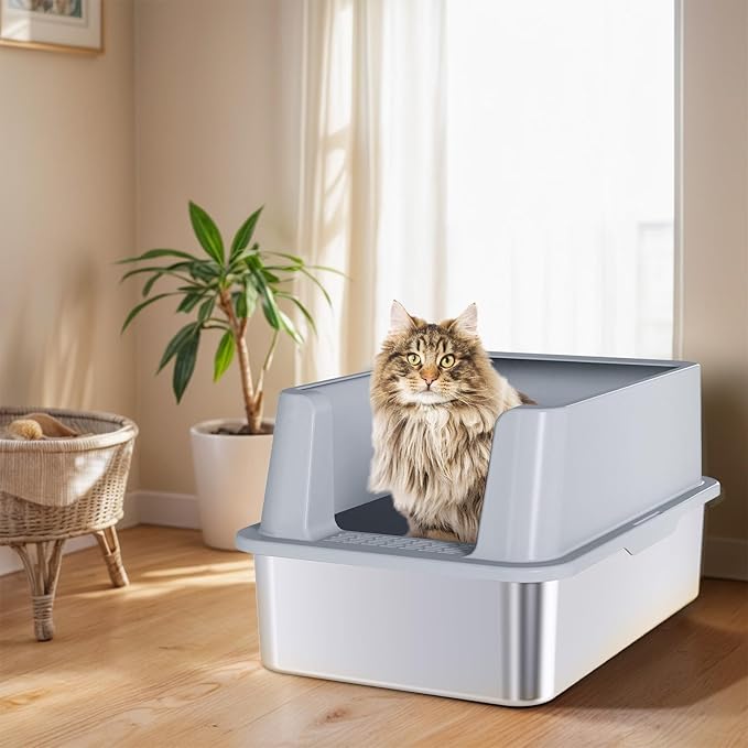 Stainless Steel Cat Litter Box, XL Metal Litter Box with Lid, High Sided Extra Large Litterbox for Big Cats, Anti-Urine Leakage, Never Absorbs Odors, Easy Cleaning, Non-Stick, Include Scoop