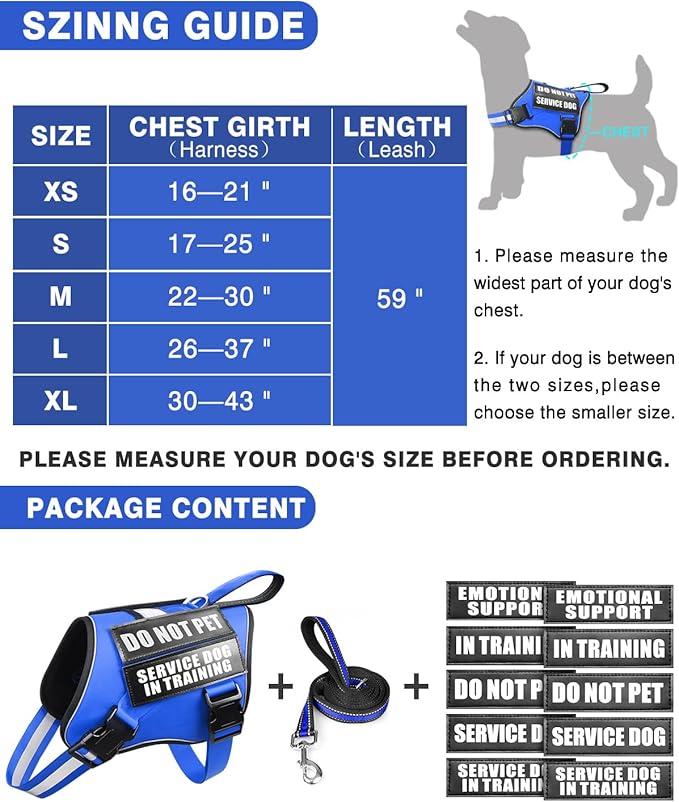 Service Dog Vest Harness and Leash Set+10 Patches for Puppy Small Dogs,Do Not Pet Emotional Support Dog Vest with 2 Soft Padded Handle for Everyday/Training (Blue XS)