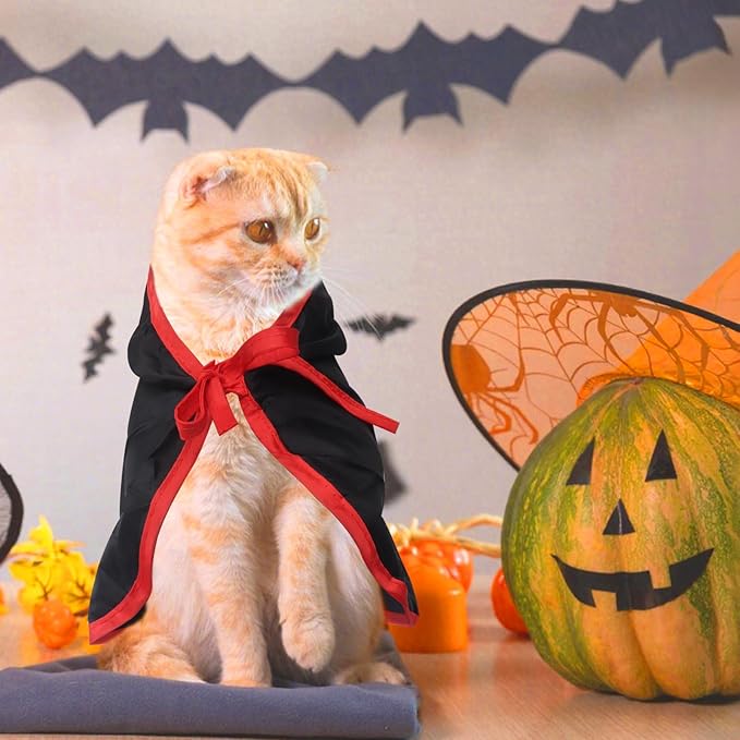 Threetols Pet Vampire Cloak Cape Costume Clothes, Adjustable Black Red Pets Devil Accessories Outfit Decor Cowl for Small Cats Dogs Animals Halloween Party Pets Cosplay