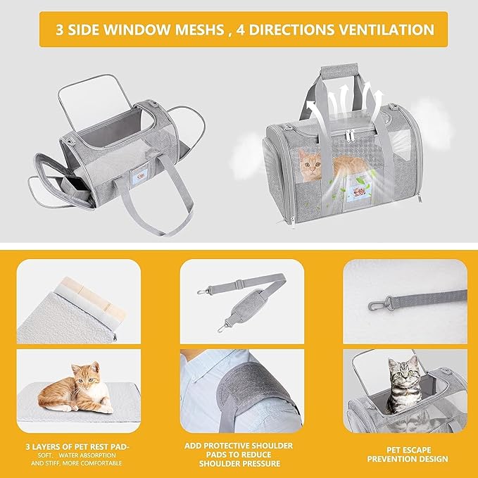 Pet Carrier TSA Airline Approved Small Dogs, Kitten, Carriers for Small Medium Cats Under 15lb, Collapsible Soft Sided Cat Travel Carrier-Grey