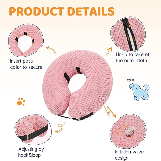 Supet Inflatable Dog Cone Collar for Dogs to Stop Licking, Dog Donut Collar After Surgery, Soft Pet Cone for Small Medium Large Dogs Pink 02 M