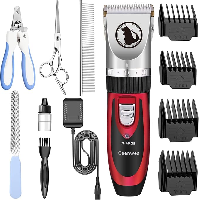 Ceenwes Dog Clippers with Storage Case Low Noise Pet Clippers Rechargeable Trimmer Cordless Grooming Tool Professional Dog Hair Trimmer with Comb Guides Scissors for Dogs Cats & Others(Red)