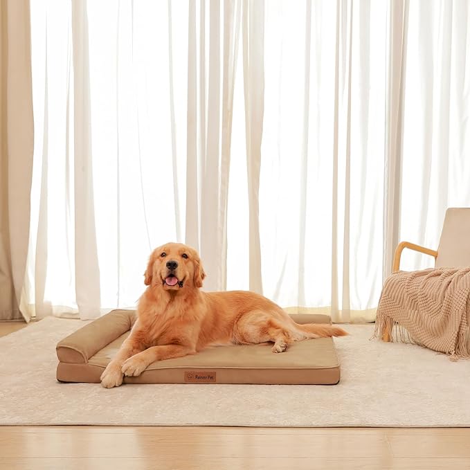 Orthopedic Dog Beds Large Sized Dog, Memory Foam Pet Bed for Medium and Large Dogs, Removable and Washable Microsuede Cover, TPU Waterproof Liner, Nonskid Bottom, 44x32x6 Inches, Khaki