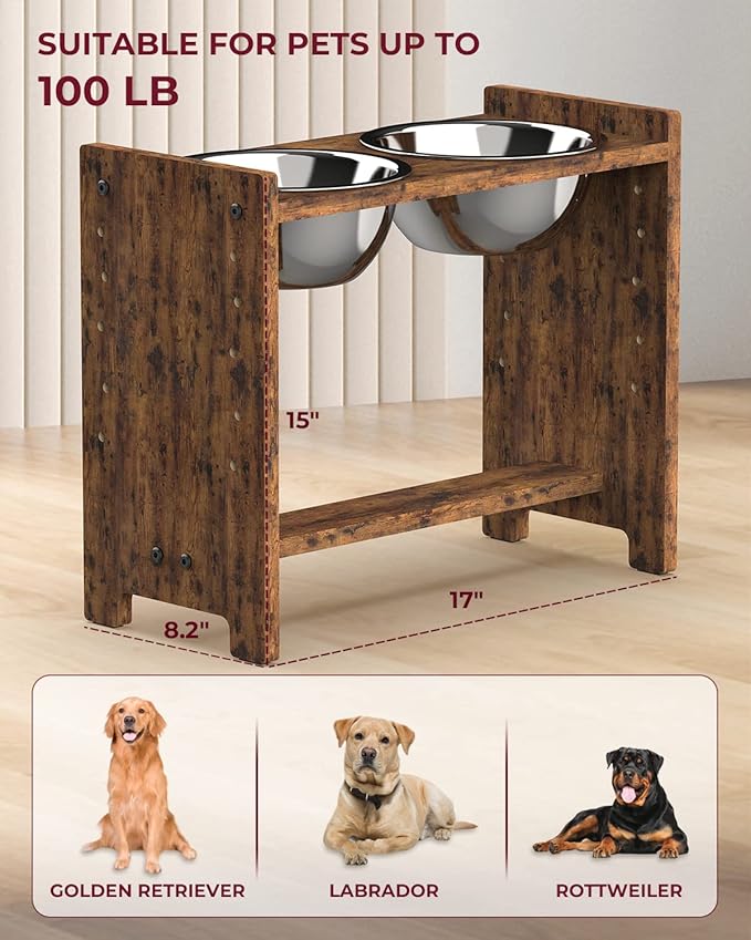 Vantic Elevated Dog Bowls, Adjustable Raised Dog Bowl Stand for Large and XLarge Pet, Sturdy Particle Board Food Feeder with 2 Stainless Steel Dishes, Rustic Brown
