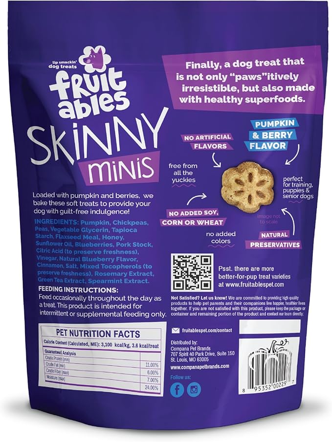 Fruitables Skinny Mini Dog Treats, Healthy Pumpkin Treat for Dogs, Low Calorie & Delicious, Puppy Training, No Wheat, Corn or Soy, Made in the USA, Pumpkin and Berry Flavor, 5oz
