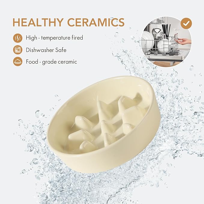 6.1inch Dog Bowl Slow Feeder Ceramic, Slow Pet Food Dish for Small Dog and Cat, Stop Bloat, Preventing Choking(Single Bowl, Beige)
