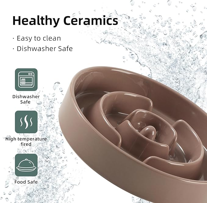 Ceramic Raised Slow Feeder Dog Bowl Set, Elevated 6.1inch Bowl and 7.3inch Puzzle Slow Food Dish with Wooden Stand for Small and Medium Dog, Anti-Gulping (2X Brown Coffee+ Stand)