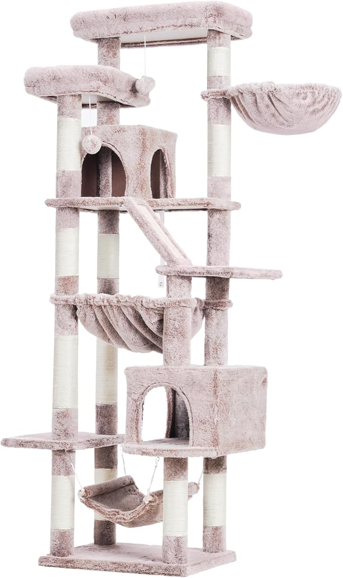 Heybly Cat Tree, 71-Inch-Tall Tower for Indoor Cats with 2 Perches, 2 Big Condos, 2 Hammocks, Basket, Scratching Pad, Large Cat Furniture and Condo, Mushroom HCT034MU