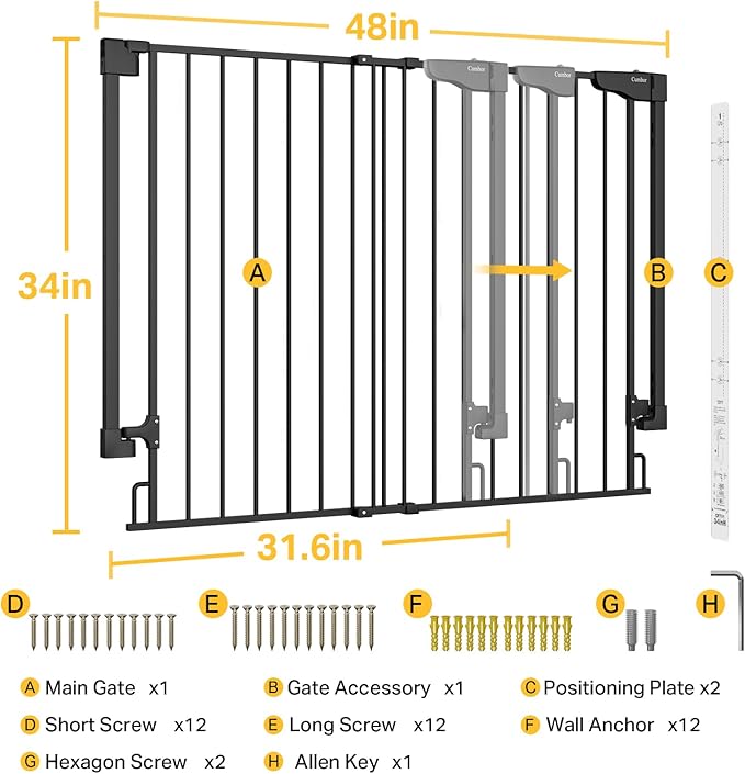 Cumbor 34" Extra Tall No Bottom Bar Baby Gate for Stairs, Wall Mounted Dog Gate Indoor for Larger Pets, Expandable 31.6-48" Safety Gate for Doorways, Wide Walk Thru Door for Easy Access (Black)