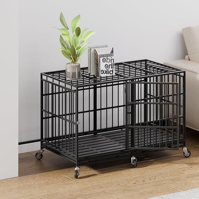 48 Inch Heavy Duty Dog Crate with Wheels,Indestructible Escape-Proof Dog Cage for Large Dogs, Extra Large XL XXL Indestructible Dog Crate with Removable Tray.