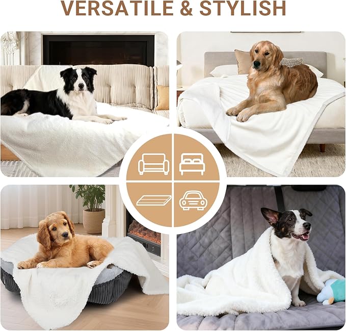 Waterproof Dog Blanket for Large Dogs - Reversible Washable Pet Blanket, Soft Sherpa Fleece Furniture Protector, Cat Throw Bed Couch, Cream, 60"x80"