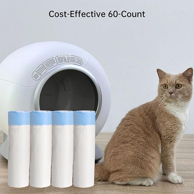 60 Count Self Cleaning Cat Litter Box Bags Compatible with PetCove, Kitty Liners Poop Bags & Waste Bags for Automatic Cat Litter Box, Ultimate Odor Control, Leak Proof