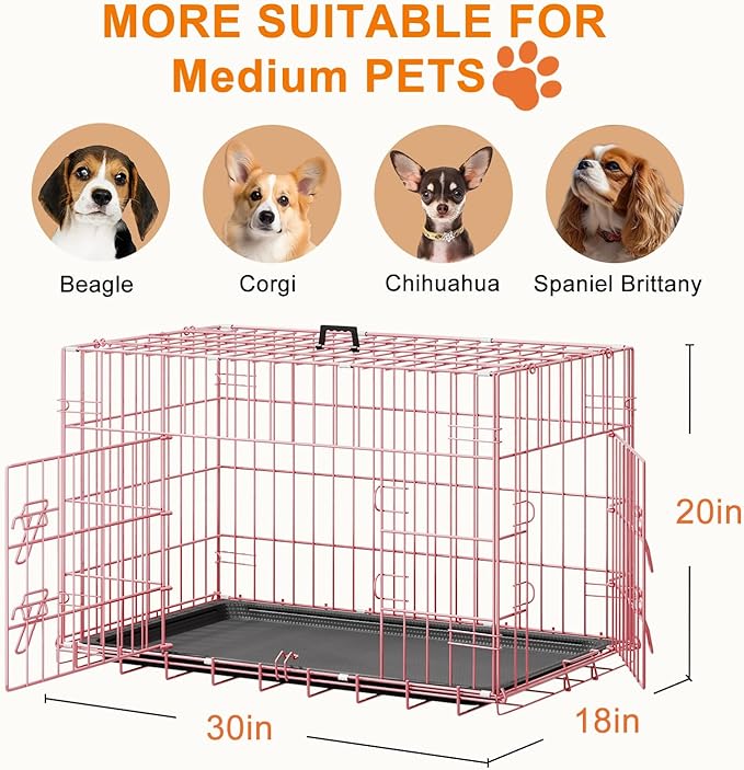 FDW 30inch Dog Crate Pet Cage with Metal Folding Design Plastic Tray Indoor Outdoor Dog Kennel Cage for Small and Medium Dogs,Pink