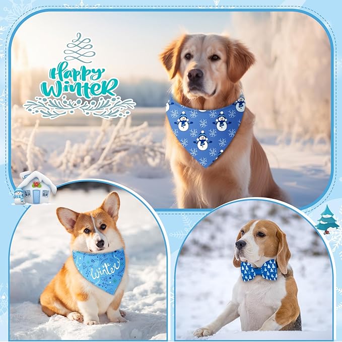 Sanwuta 50 Pcs Winter Dog Bandanas Bulk and Charm Collar Bow Ties Set 25 Snowflake Bandanas for Dogs 25 Snowflake Doggie Collar Triangle Cat Scarf Bowtie for Small Medium Large Pet Winter Costume
