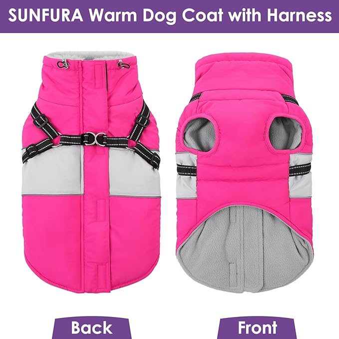 SUNFURA Dog Jacket, Large Dog Coat with Harness Built in, Warm Pet Winter Jacket Zippered Snow Coat with Furry Collar, Waterproof Fleece Snowsuit for French Bulldog, Hot Pink L