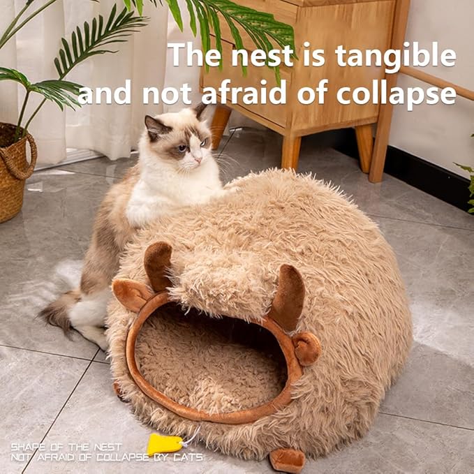 Cute Cat Bed Cave for Indoor Highland Cow Shaped Pet Plush House Self-Warming Nest Small Dogs Rabbits with Removable Cushion for Puppy Bed with Hanging Toy