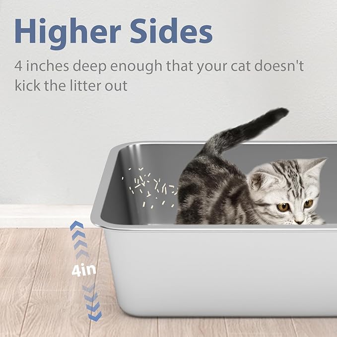Stainless Steel Cat Litter Box - Litter Box for Cats - Easy to Clean, Never Absorbs Odor, Stains, or Rusts - Silver (17.7" L x 13.5" W x 4" H)