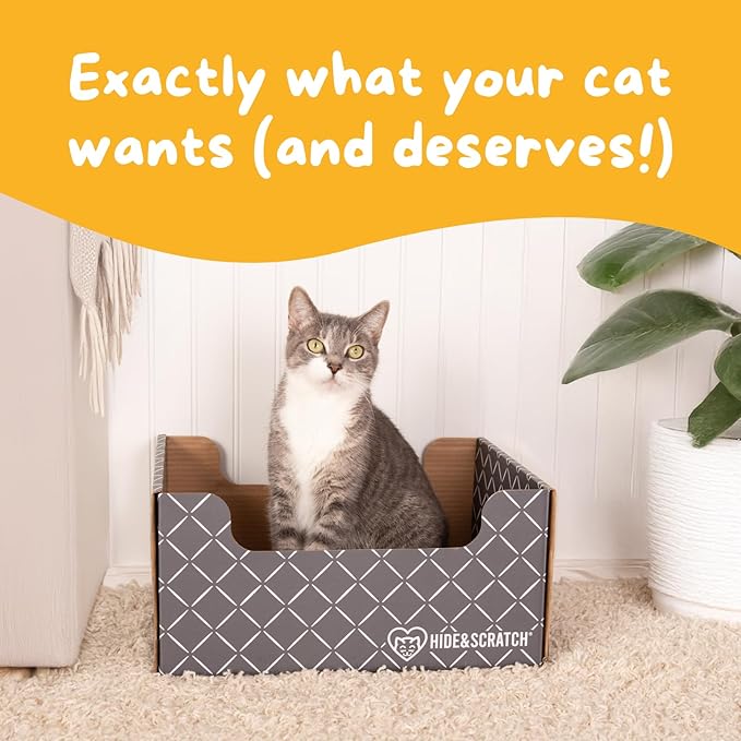 HIDE & SCRATCH Cardboard Cat Scratcher; Cat Scratcher Box and Bed with Refillable Double-Sided Cardboard Scratch Pad for Indoor Cats