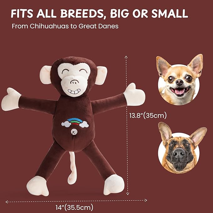 Nocciola Tearable Pull Rip Apart Monkey Dog Toy with Squeaker & Crinkle - Interactive Stuffed Plush Toy to Keep Dogs Busy, Pet Puzzle Enrichment Chew Toys for Small Medium Large Breeds