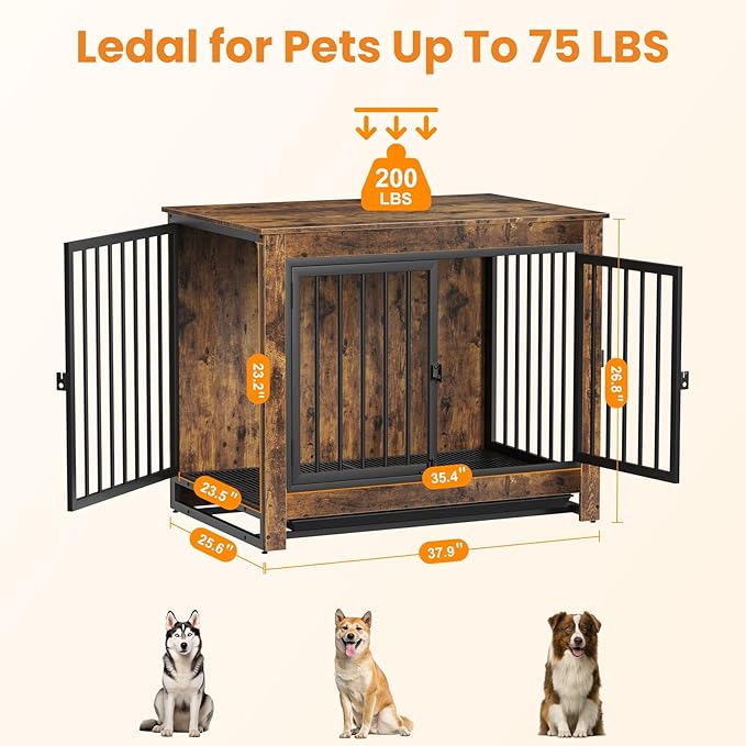 Dog Crate Furniture, Dog Crate End Table for Medium and Large Dogs,Wooden Cage Kennel Furniture Indoor, Modern Dog Crate with Multi-Purpose Removable Tray, Double-Doors Dog Furniture