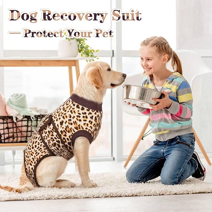 Kuoser Dog Surgery Suit, Comfy Dog Recovery Suit Female Doggie Onesie for Surgery, Post-Op Onesie for Female & Male Dogs, Soft Protective Wear, BrownLeopard XL