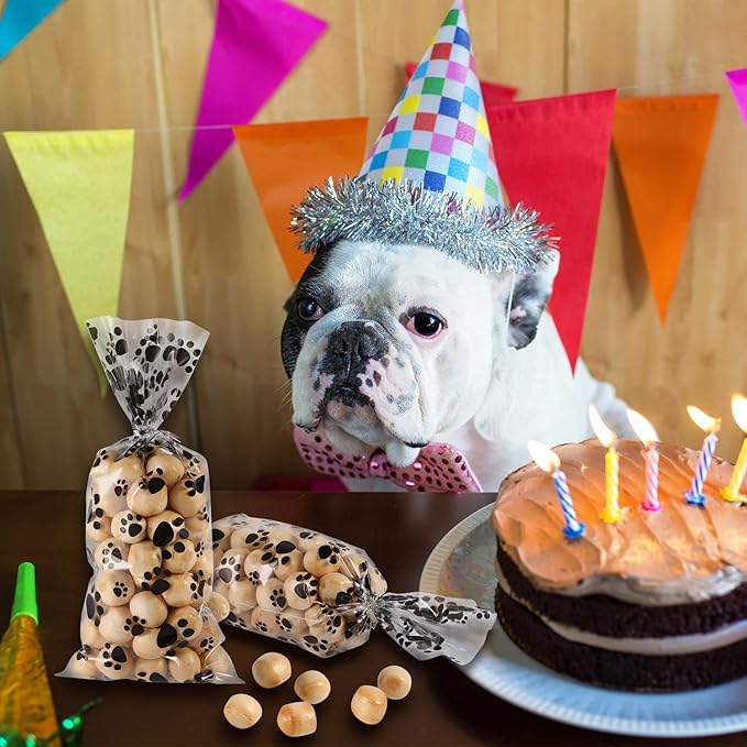 Blulu 100 Pieces Dog Treat Bags Puppy Party Favor Pet Paw Cone Cellophane Bags Candy Heat SealableDog Paw Gift with 100 Pieces Silver Twist Ties for Pet Cat Treat Party Favor(Black)