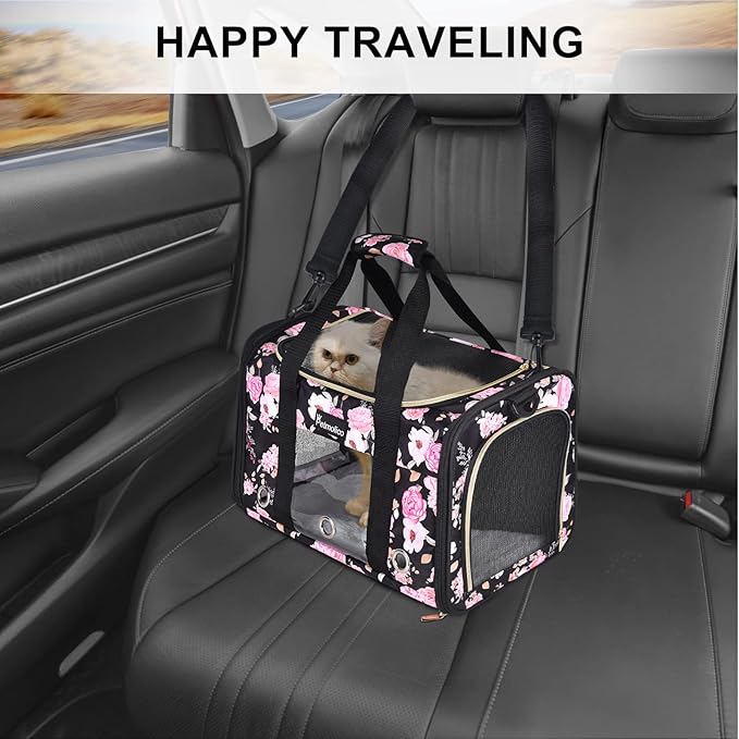 Petmolico Cat Carrier Soft-Sided Pet Bag for Small Medium Cats Puppies 16LBs - Airline Approved Pet Travel Carrier 3 Open Doors (Medium,Pink Peony)