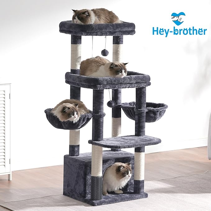 Hey-brother Cat Tree Tower, Scratching Posts with Extra Large Platform, Specious Condo, 2 Cozy Hammocks, Self-Grooming Brush for Indoor Adult Cats, Maine Coon 51.1 inches, Smoky Gray MPJ070G