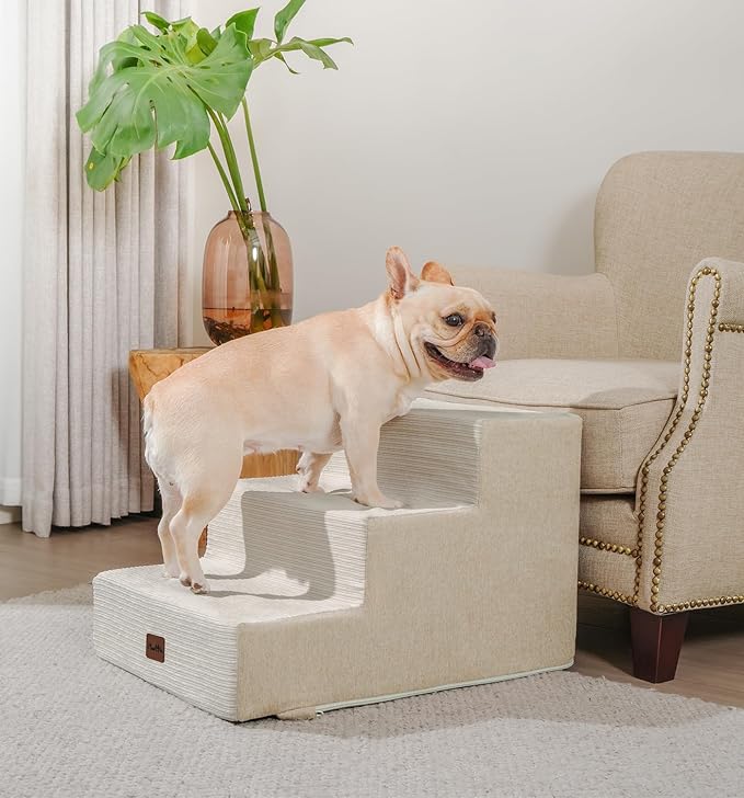 Made4Pets Dog Stairs for Small Dogs, Extra Wide Dog Steps for Bed Couch Sofa and Chair, 35D Foam Pet Steps for Small Dogs and Cats(Up to 40lbs), Non-Slip Bottom Pet Stairs, Beige, 3 Steps