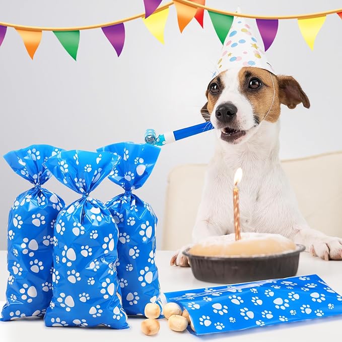 Blulu 100 Pieces Dog Treat Bags Puppy Party Favor Pet Paw Cone Cellophane Bags Candy Heat SealableDog Paw Gift with 100 Pieces Silver Twist Ties for Pet Cat Treat Party Favor(Blue and White)